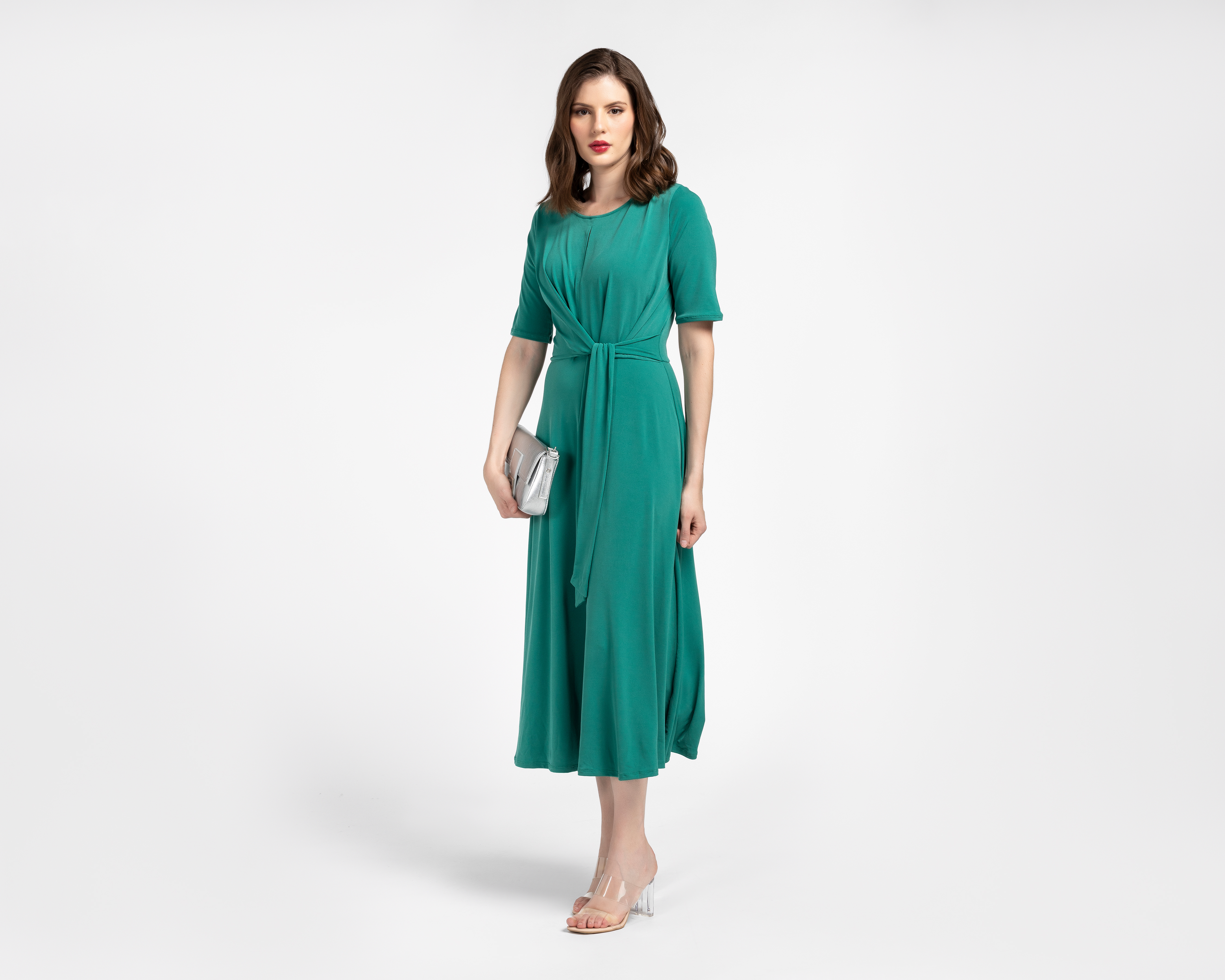 Foto 3 pulgar | Foto 2 | Vestido Coctel Sahara Verde con Lazo Manga Corta para Mujer