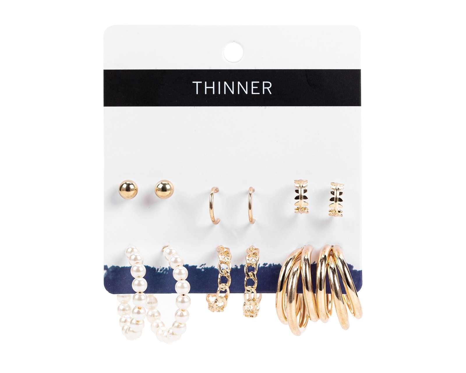 Aretes y Arracadas Thinner Dorados 6 Pares