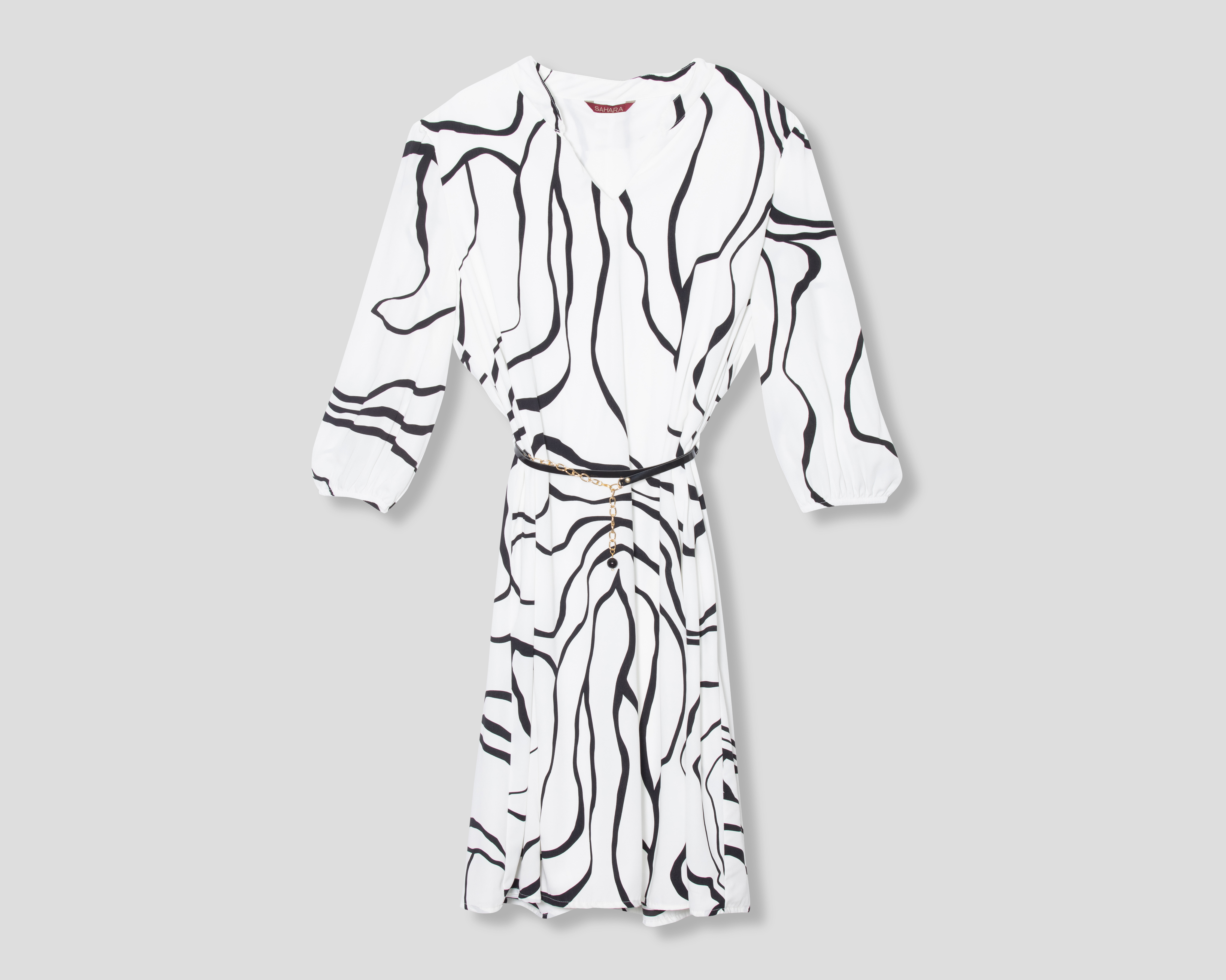 Vestido Formal Sahara Manga Larga Escote V con Cinturón para Mujer