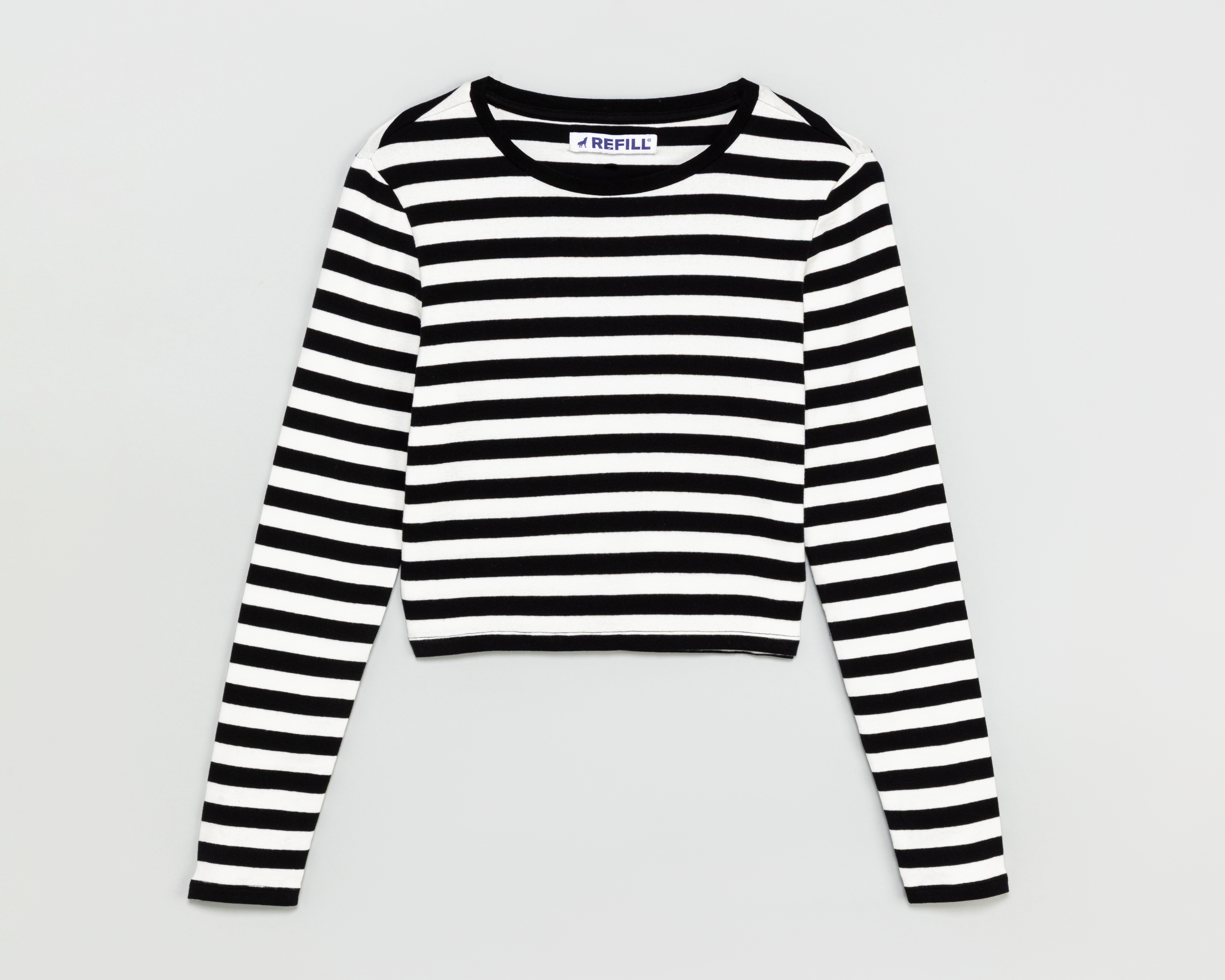 Playera de Cuello Redondo a Rayas Negra Refill para Mujer