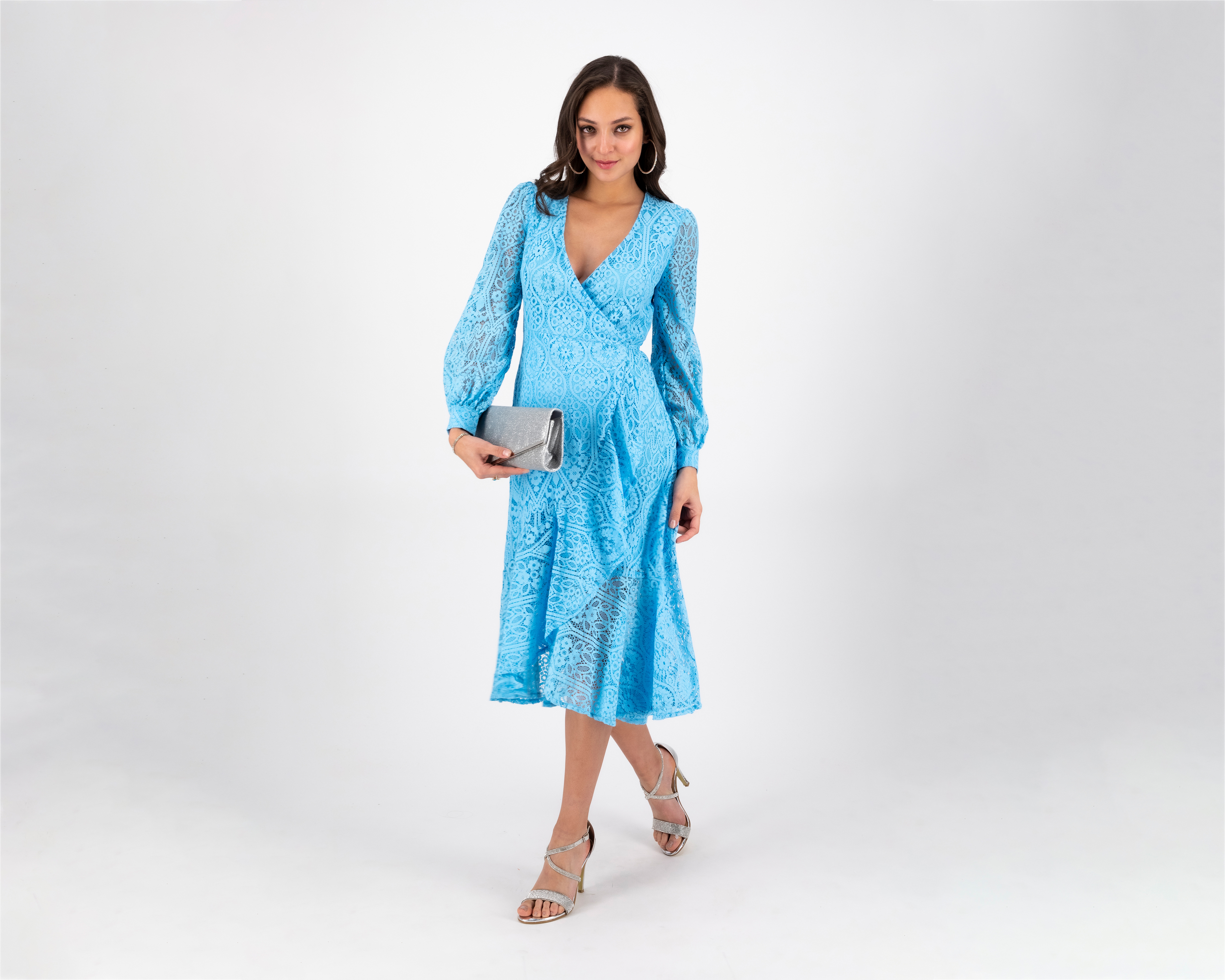 Vestido Meirius de Noche Azul con Escote V