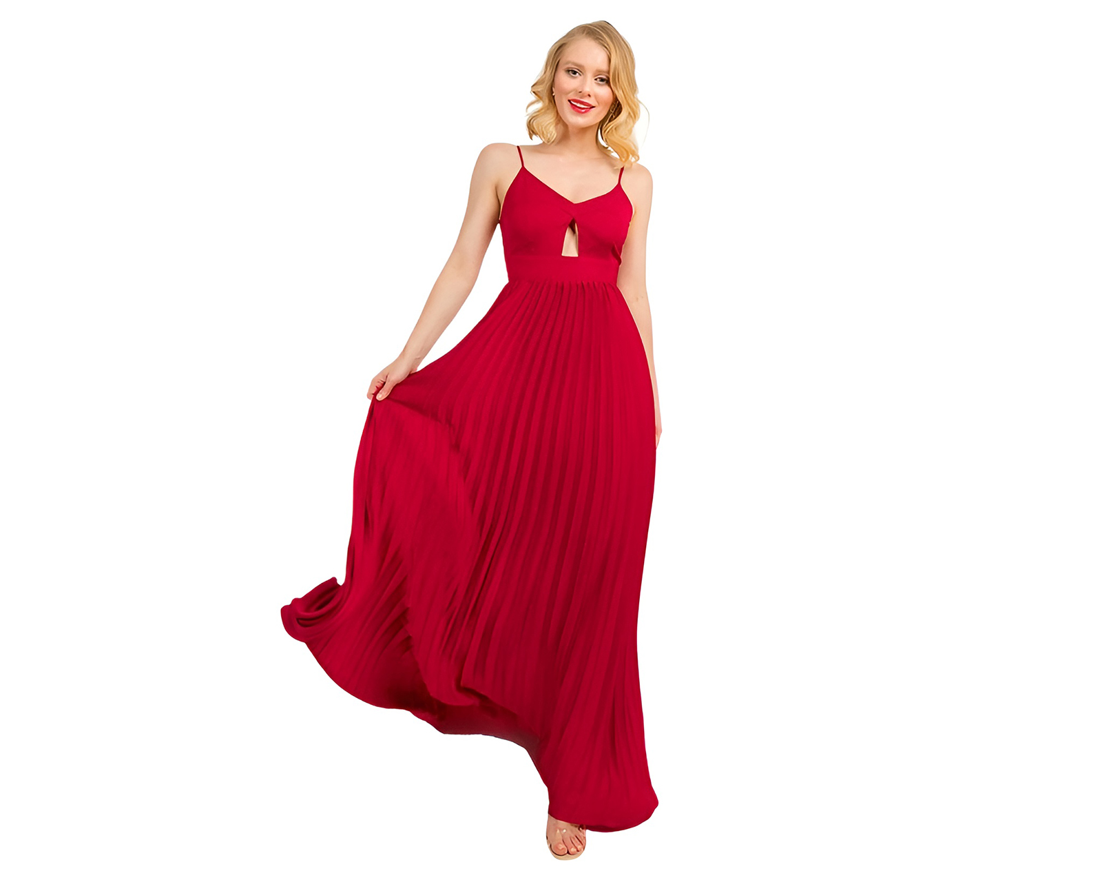 Vestido de Noche Minuet Rojo de Tirantes Plisado para Mujer