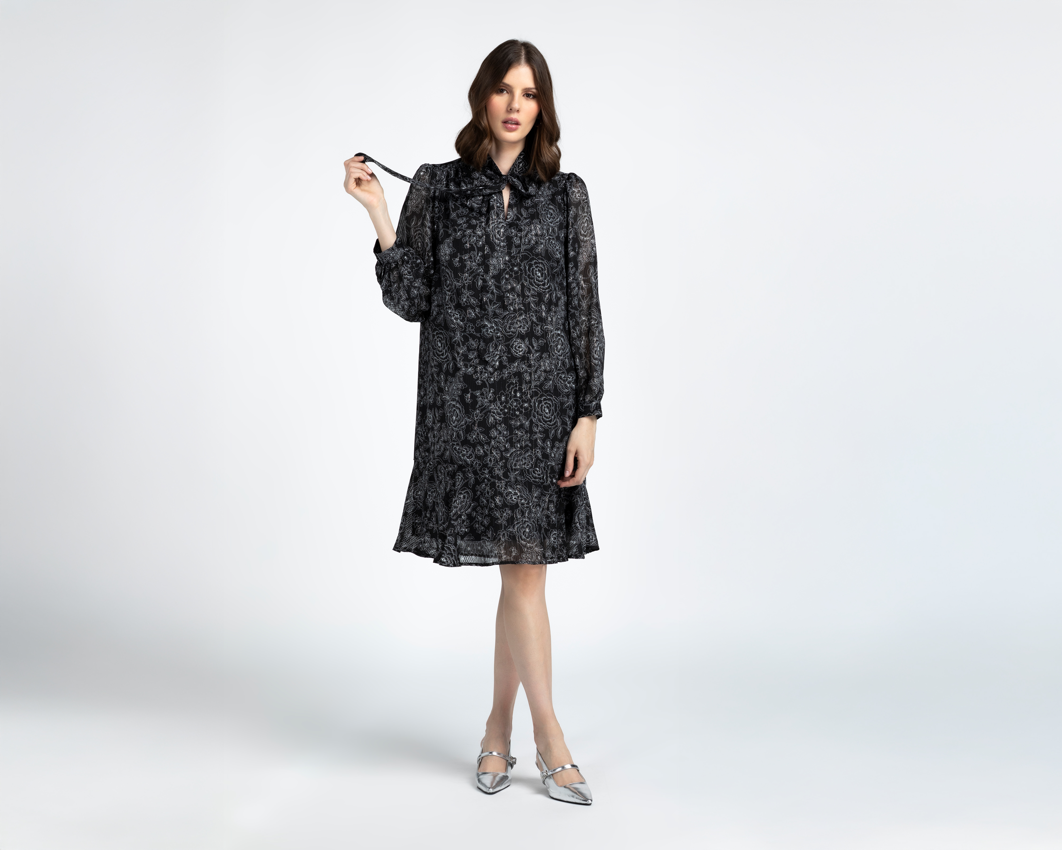 Vestido Formal Sahara Negro Manga Larga Estampado para Mujer