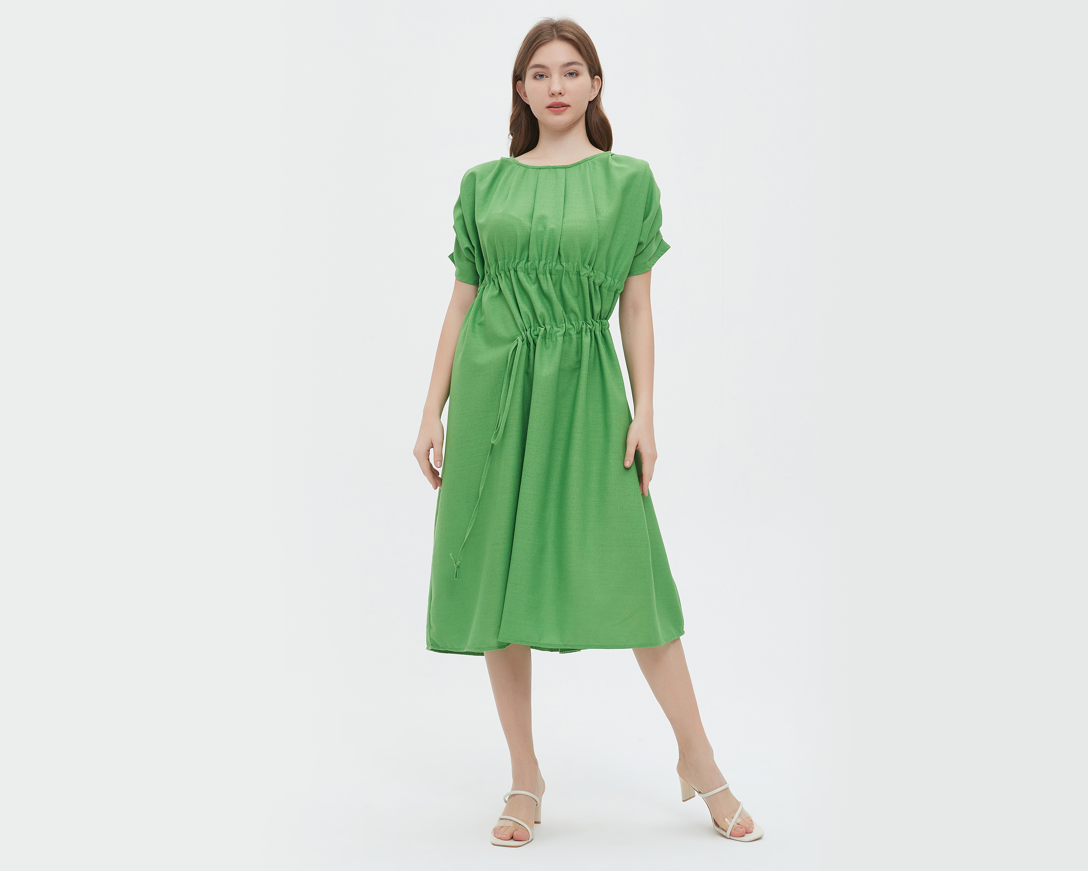 Vestido Sahara Casual Verde con Manga Corta y Elástico en Cintura