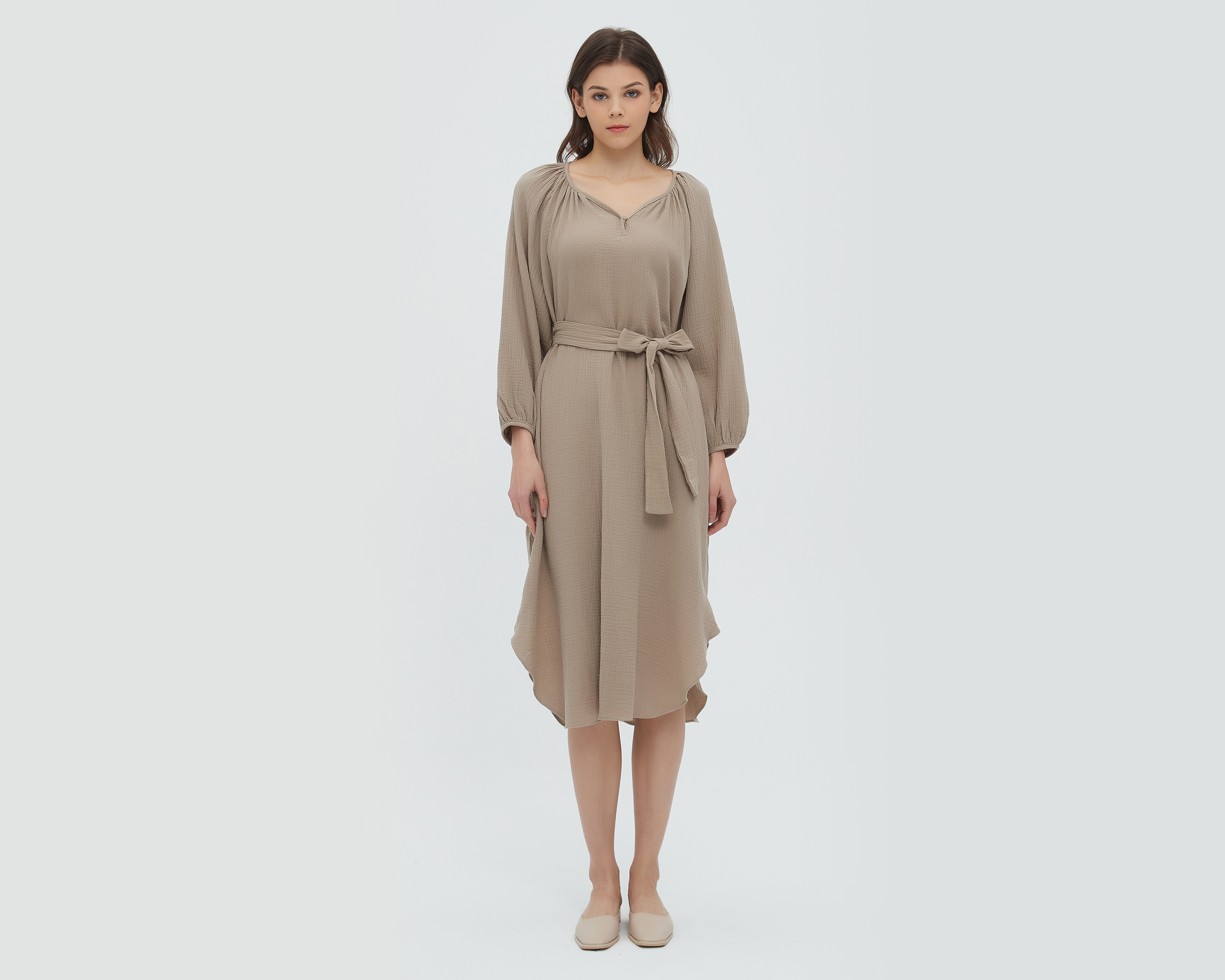 Vestido Sahara Casual de Algodón con Manga Larga y Cinturón