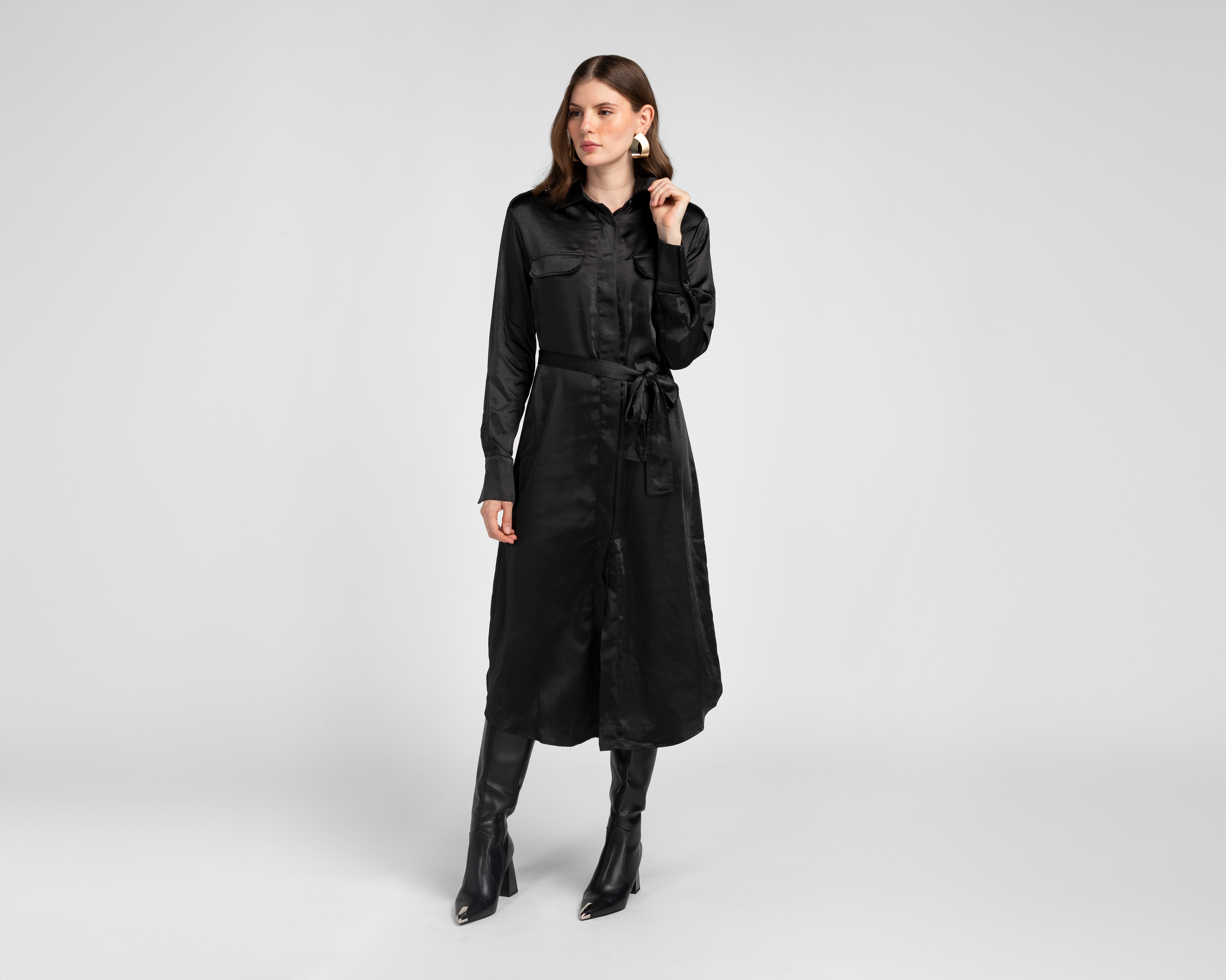 Foto 2 pulgar | Foto 1 | Vestido Casual Jennifer Lopez Negro Manga Larga con Lazo para Mujer