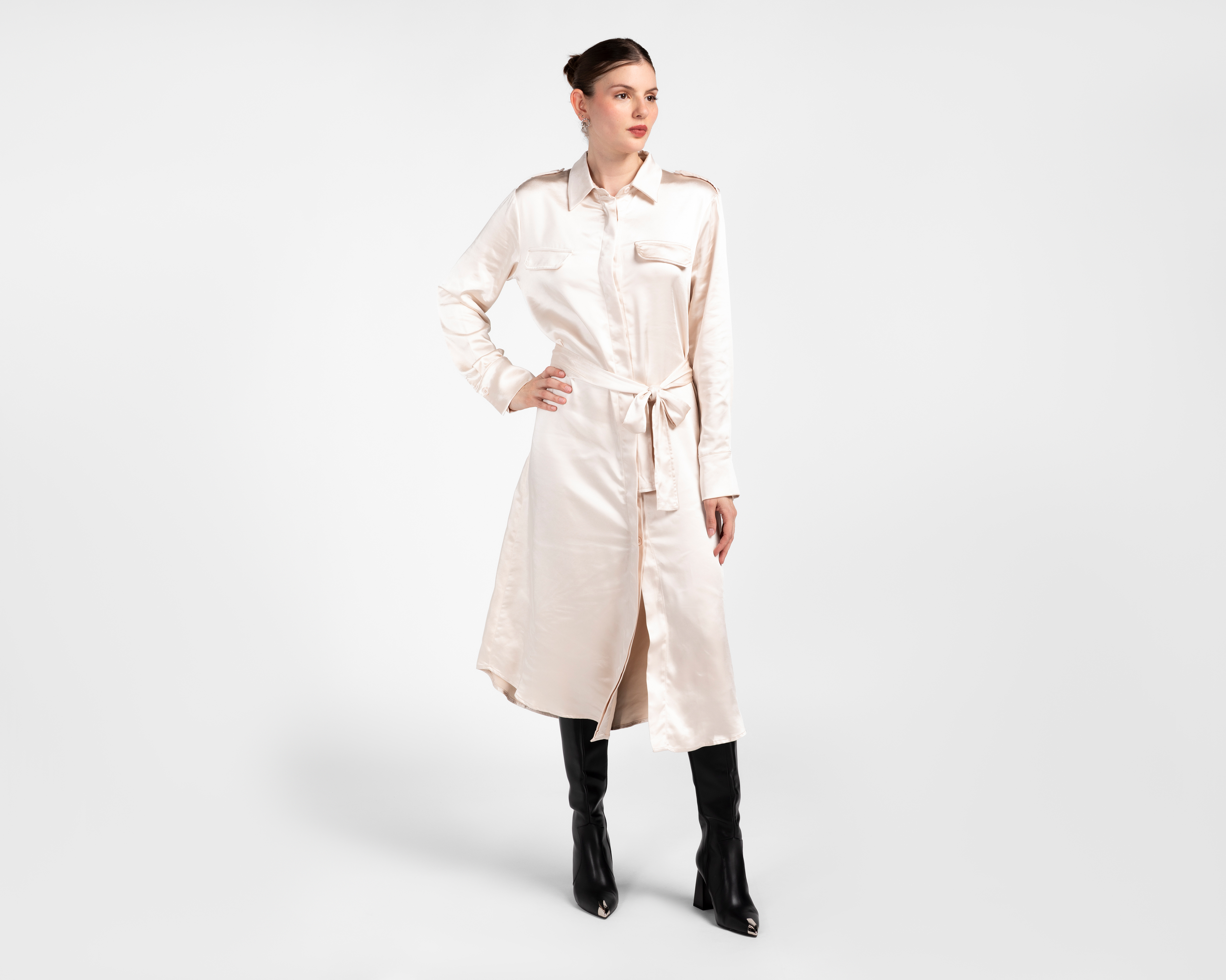 Vestido Casual Jennifer Lopez Beige Manga Larga con Lazo para Mujer