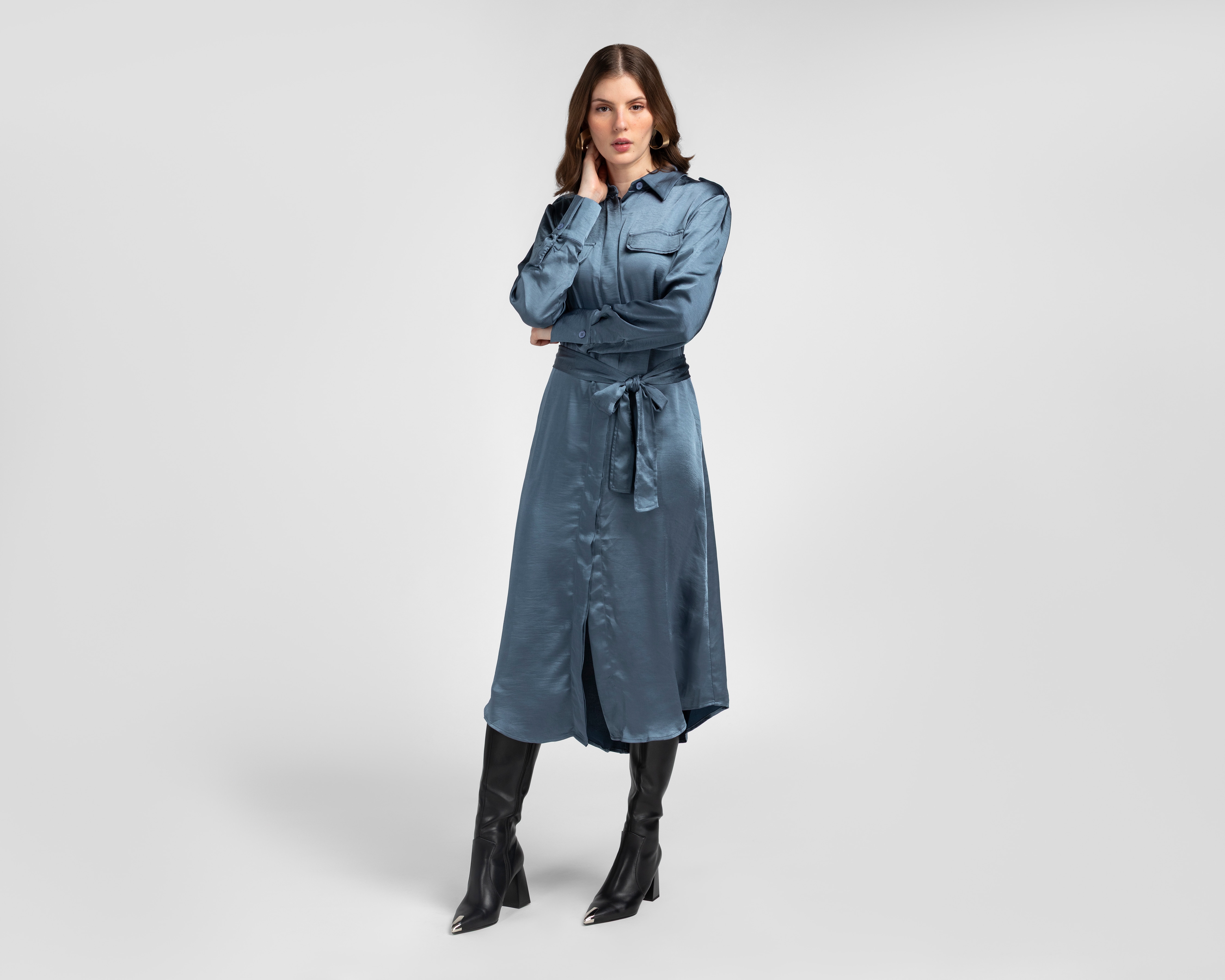 Vestido Casual Jennifer Lopez Azul Manga Larga con Lazo para Mujer