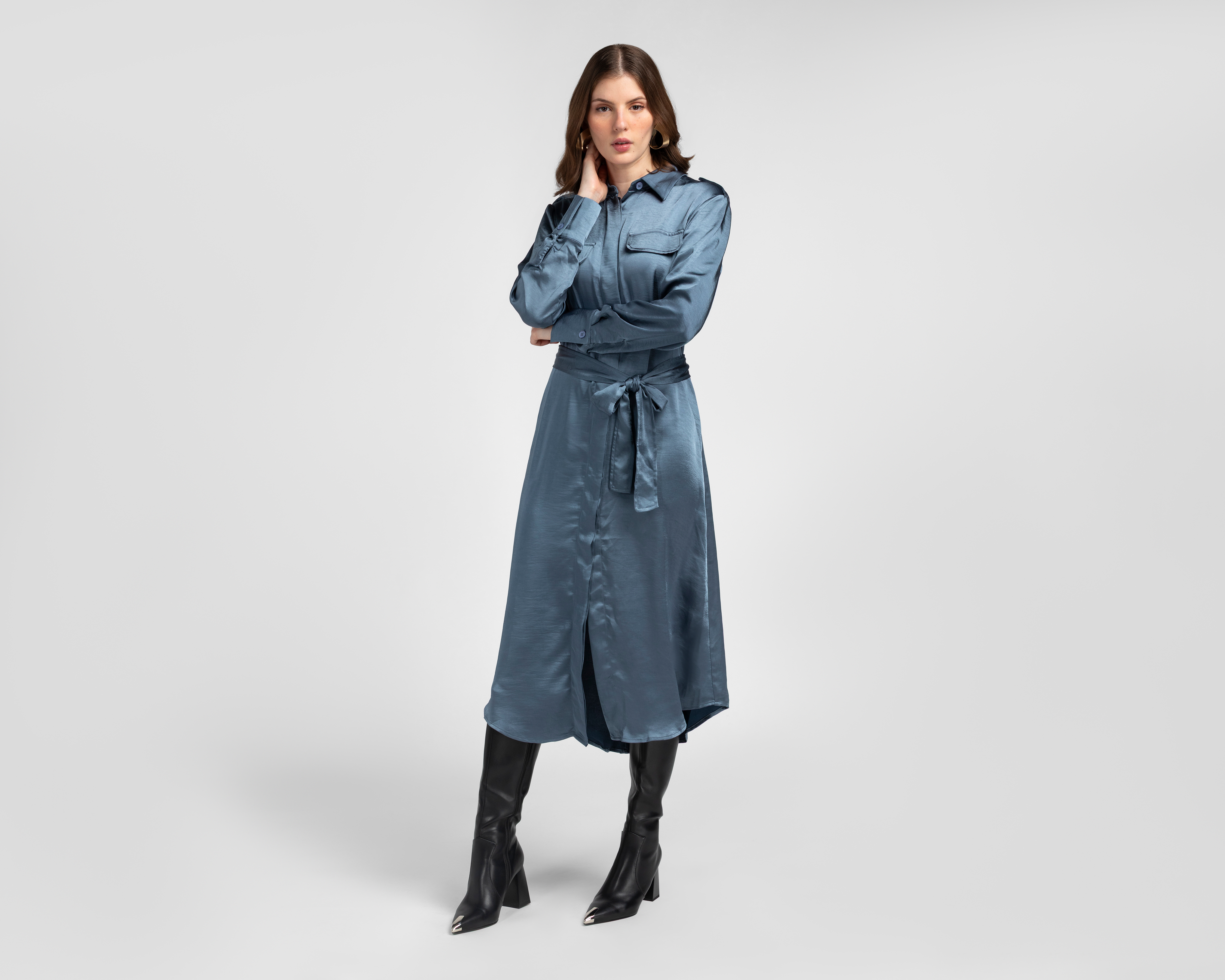 Vestido Casual Jennifer Lopez Azul Manga Larga con Lazo para Mujer