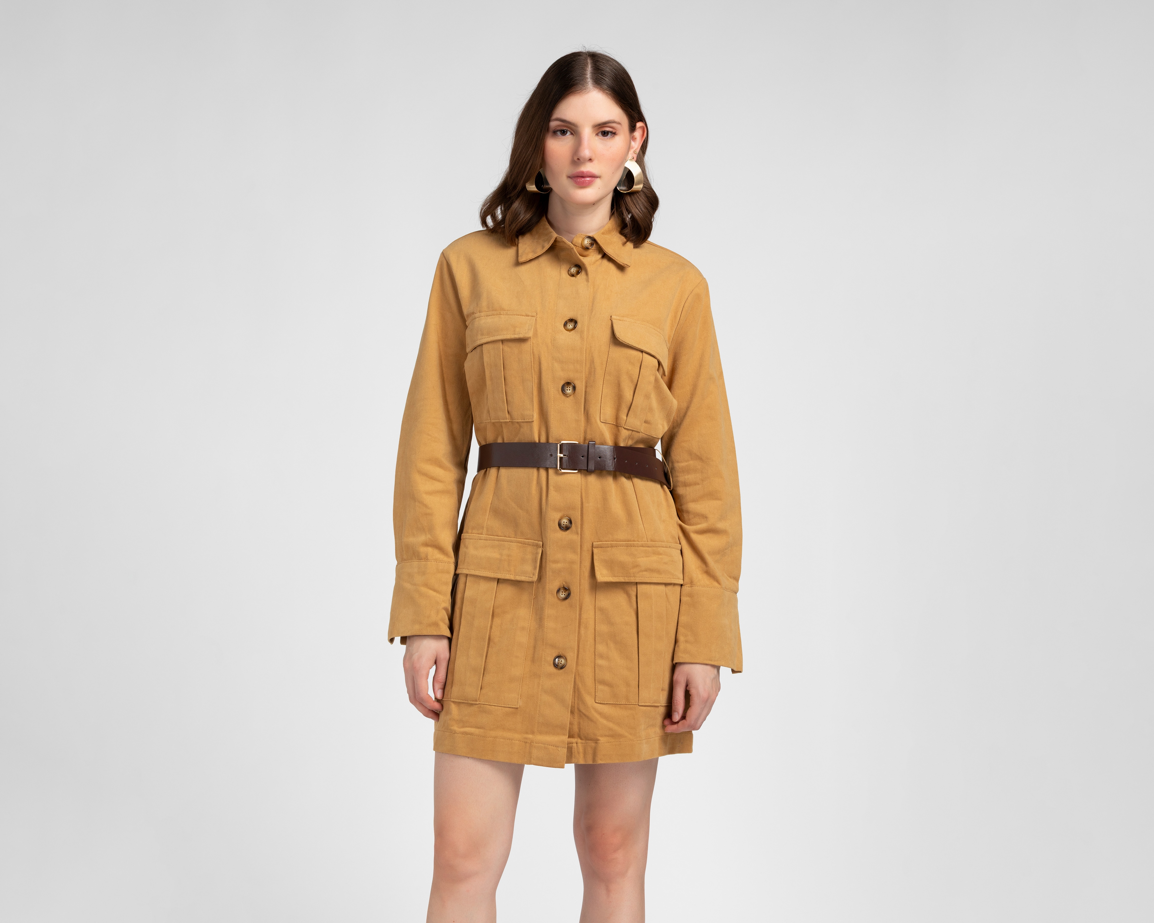 Vestido Casual Jennifer Lopez con Cinturón Manga Larga para Mujer