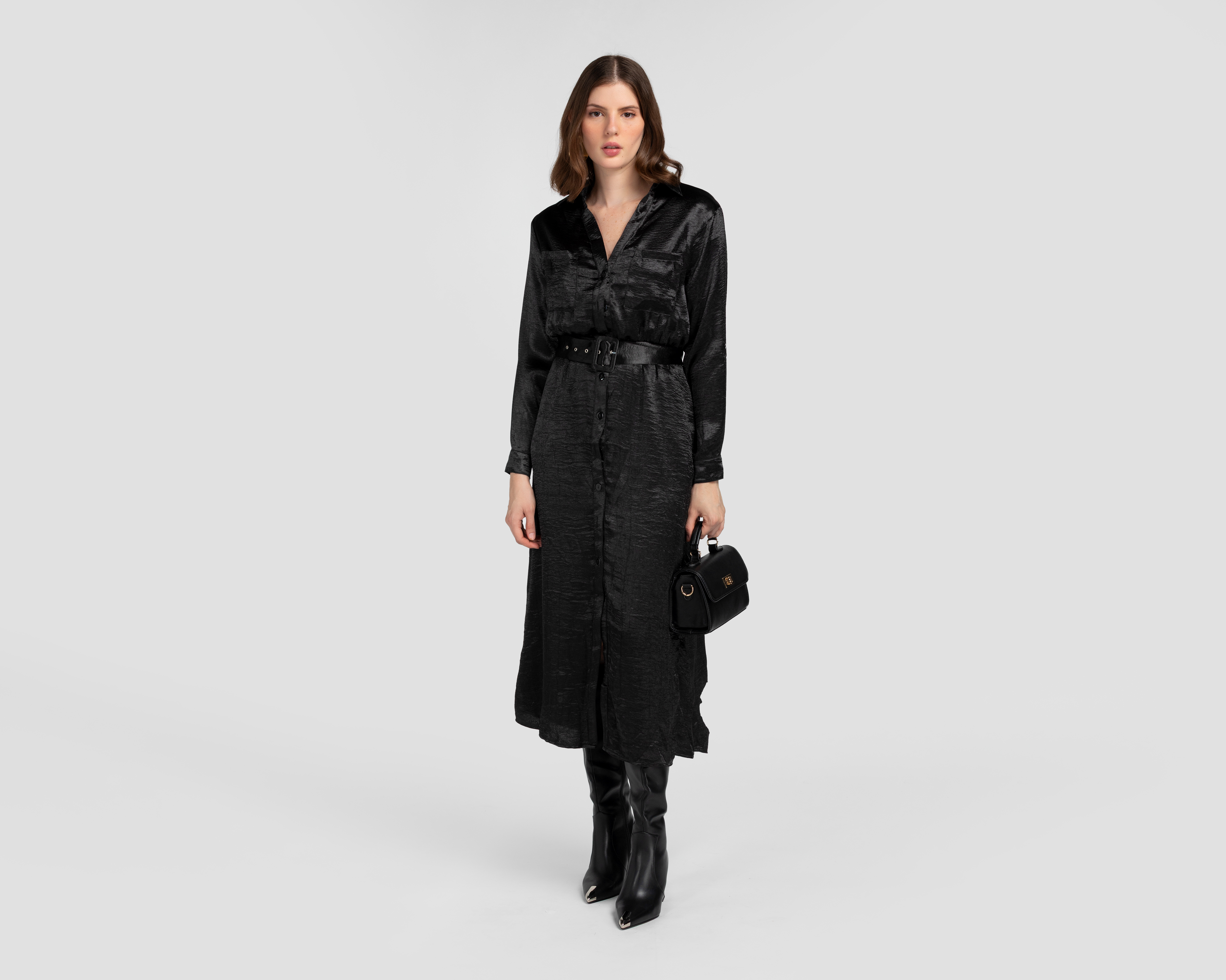 Foto 2 | Foto 2 | Vestido Casual Jennifer Lopez Satinado Manga Larga con Cinturón para Mujer