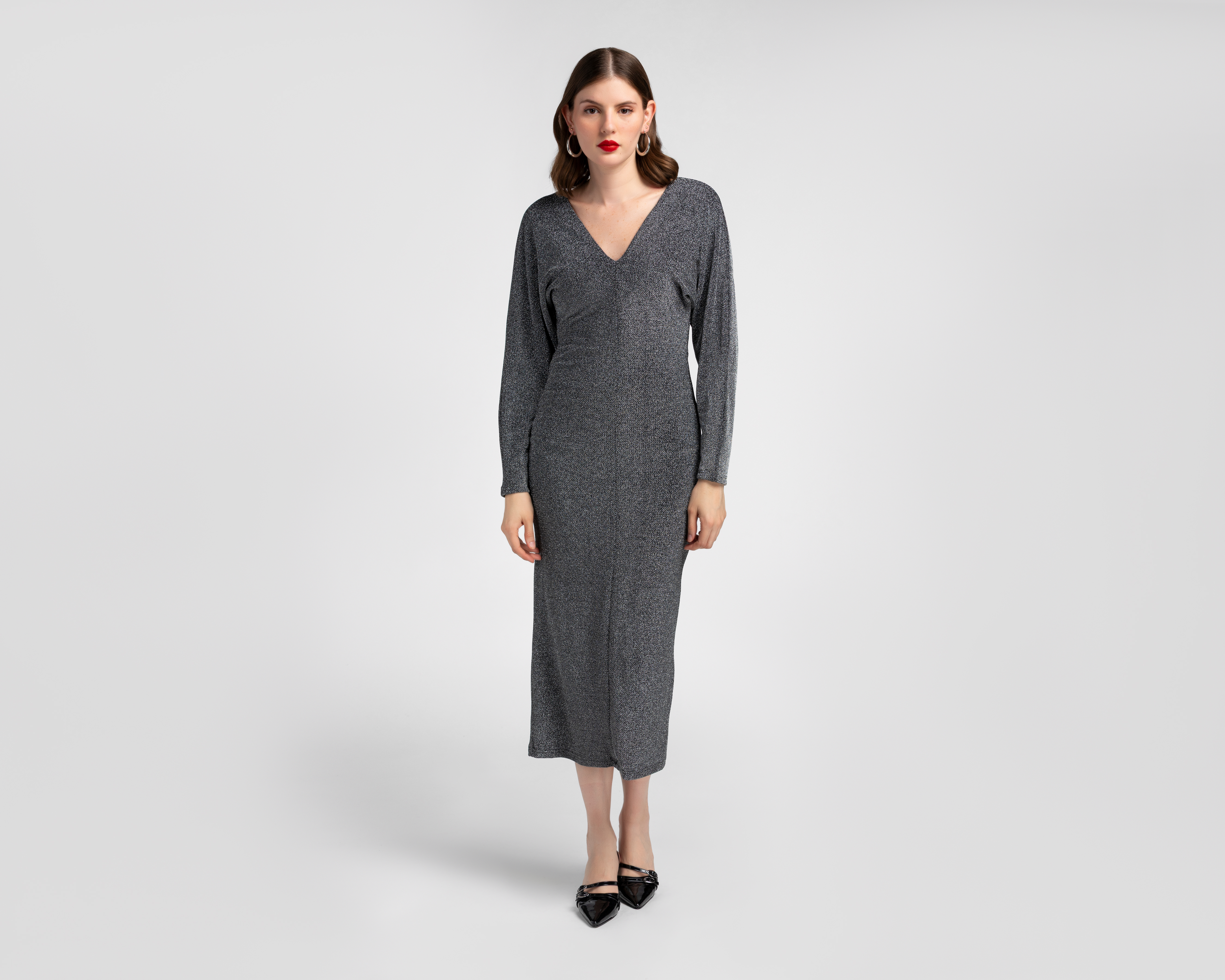 Vestido Formal Jennifer Lopez Negro Manga Larga con Brillo para Mujer