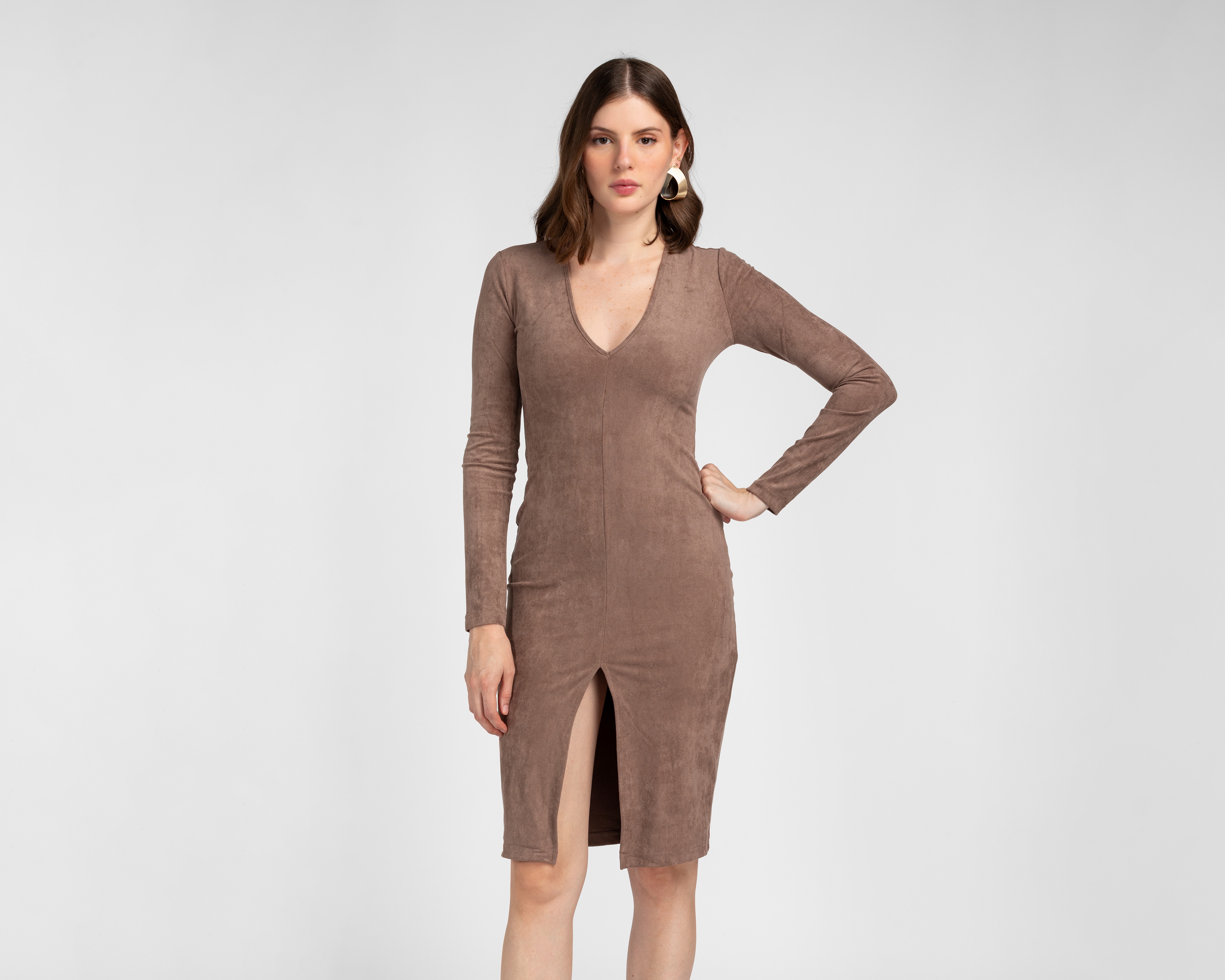 Vestido Casual Jennifer Lopez Café Manga Larga con Abertura para Mujer