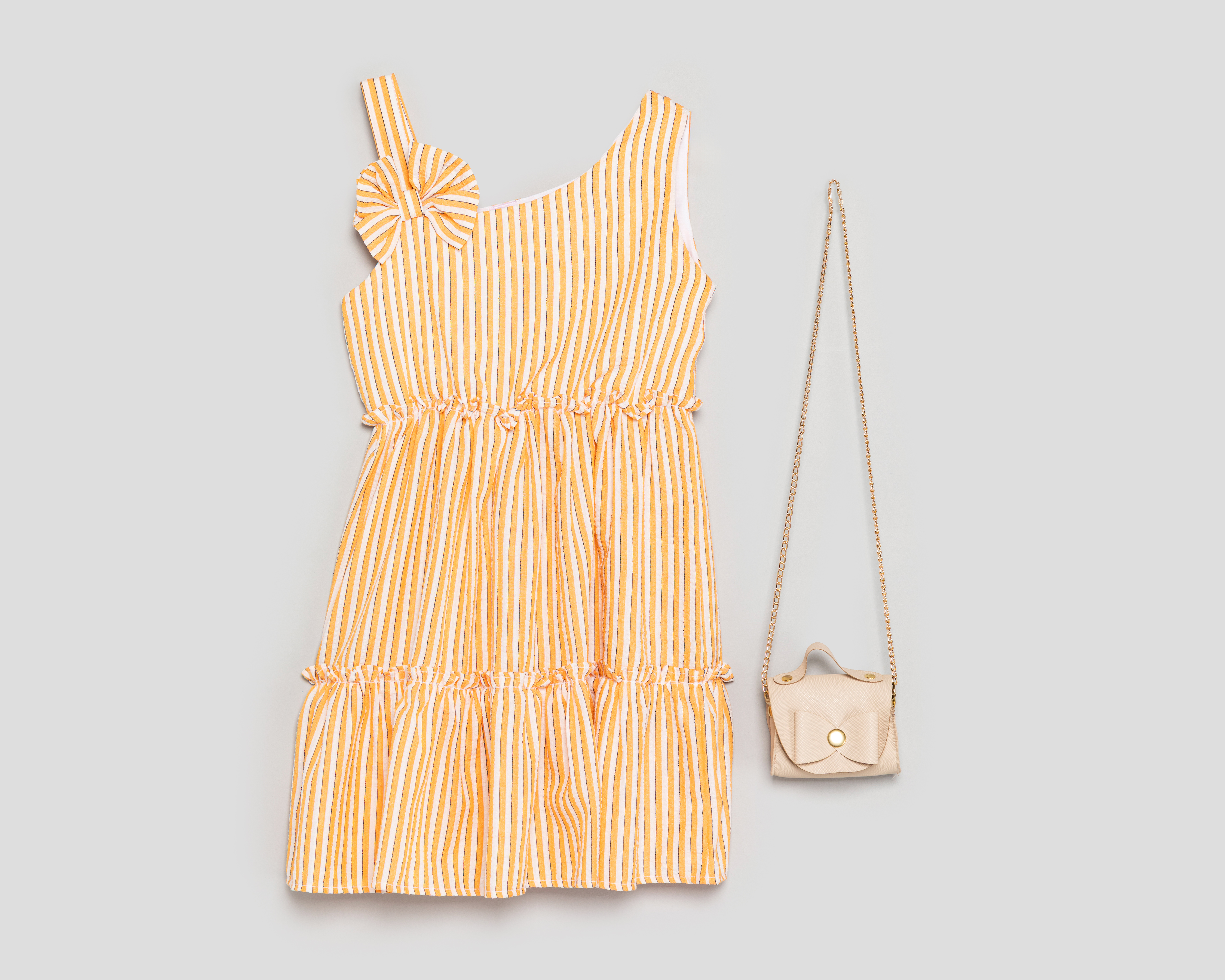 Foto 2 pulgar | Foto 1 | Vestido Anaranjado Telitas para Niña con Bolsa