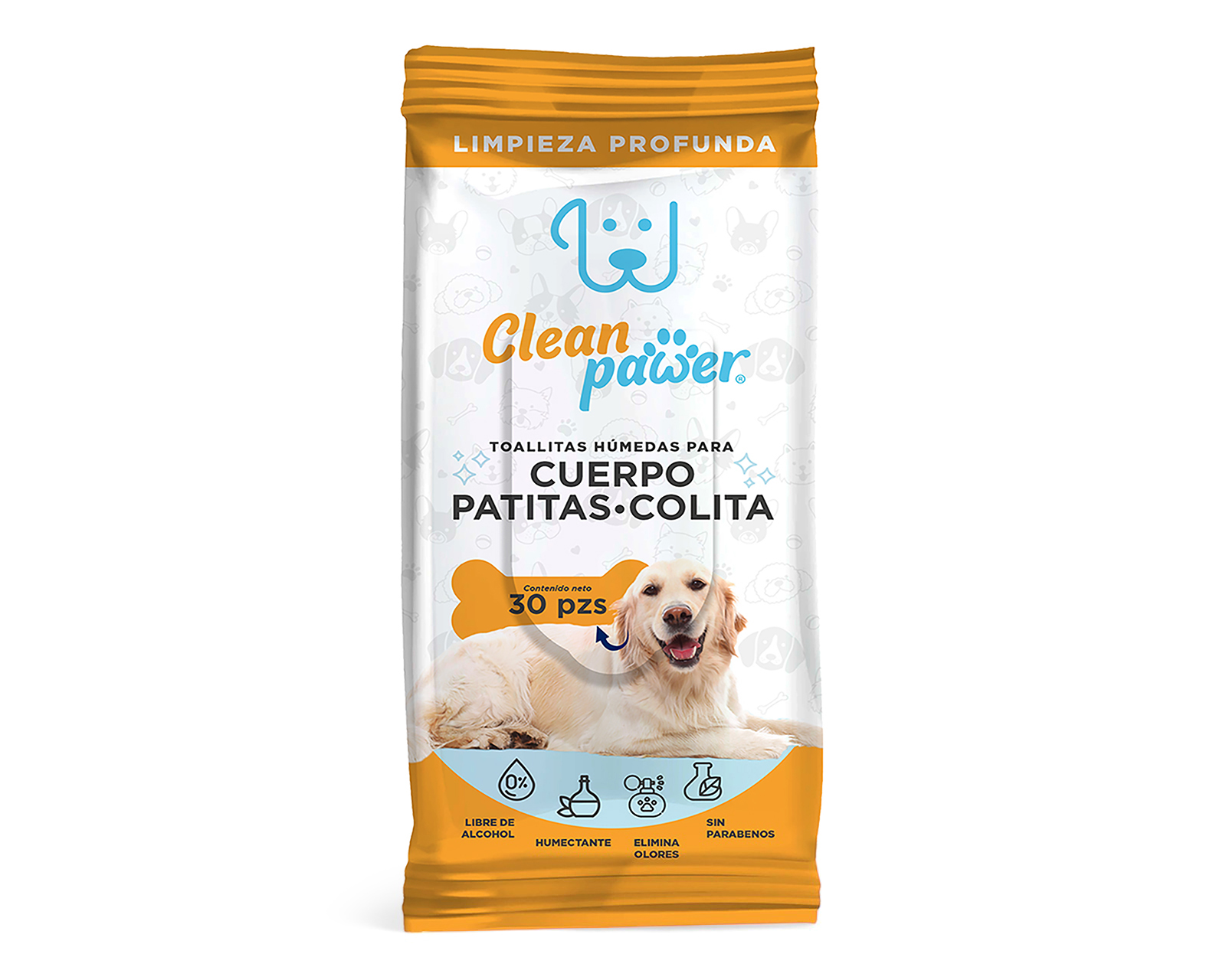 Toallitas Húmedas para Mascota Clean Pawer Cuerpo Patitas y Colita 30 Piezas