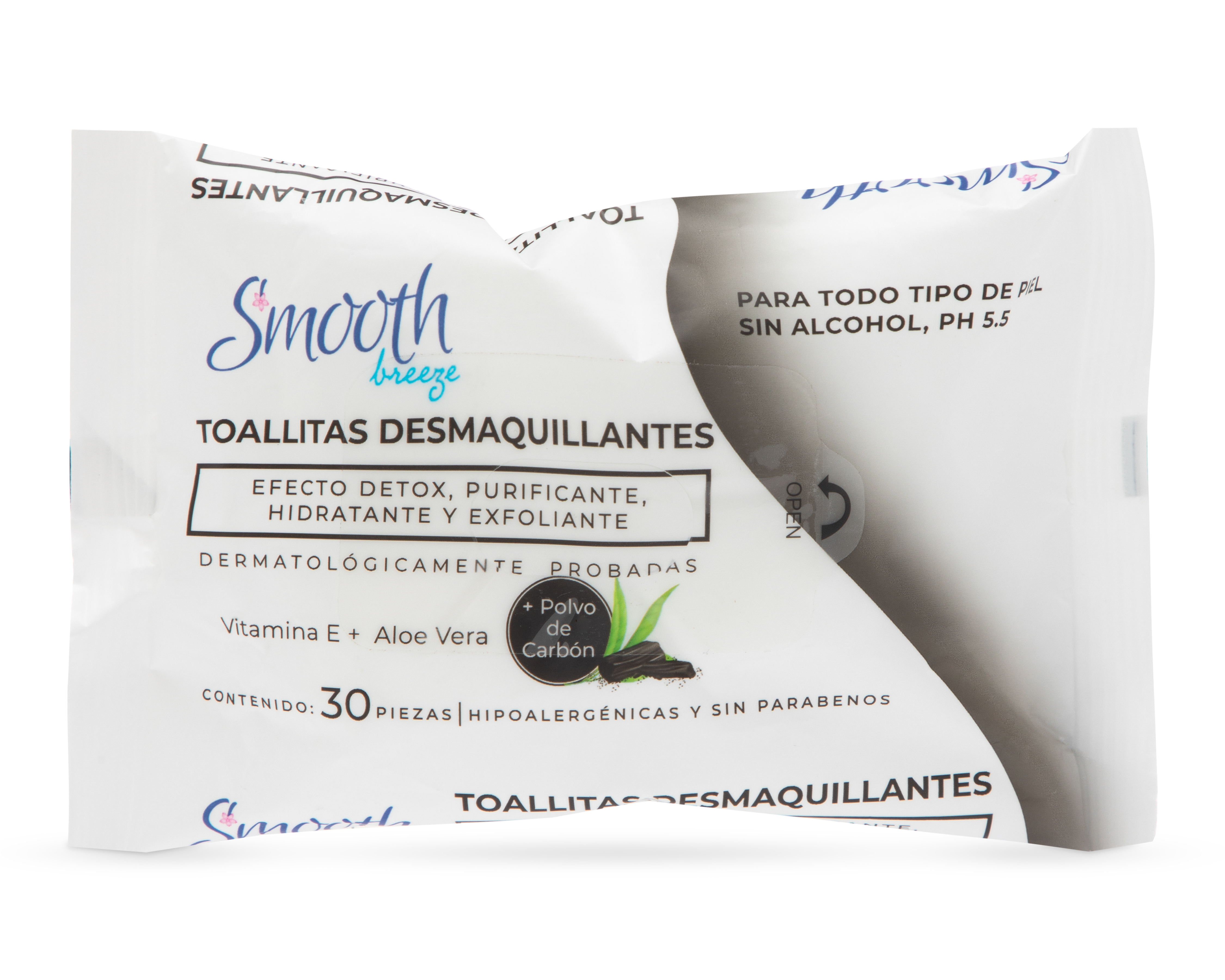 Toallitas Desmaquillantes Smooth Breeze con Polvo de Carbón 30 Piezas