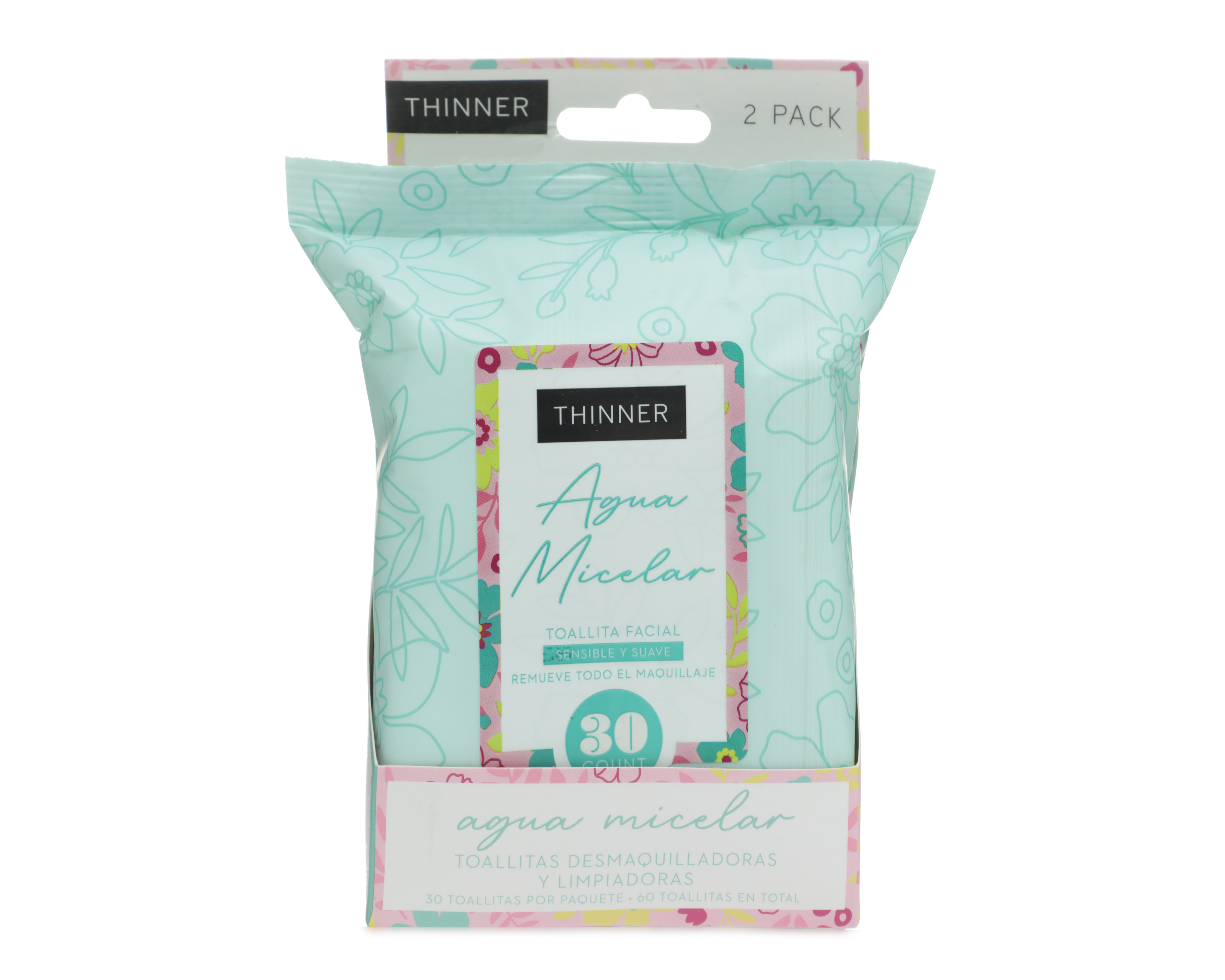 Toallitas Desmaquillantes Thinner Agua Micelar y Ácido Hialurónico 2 Piezas