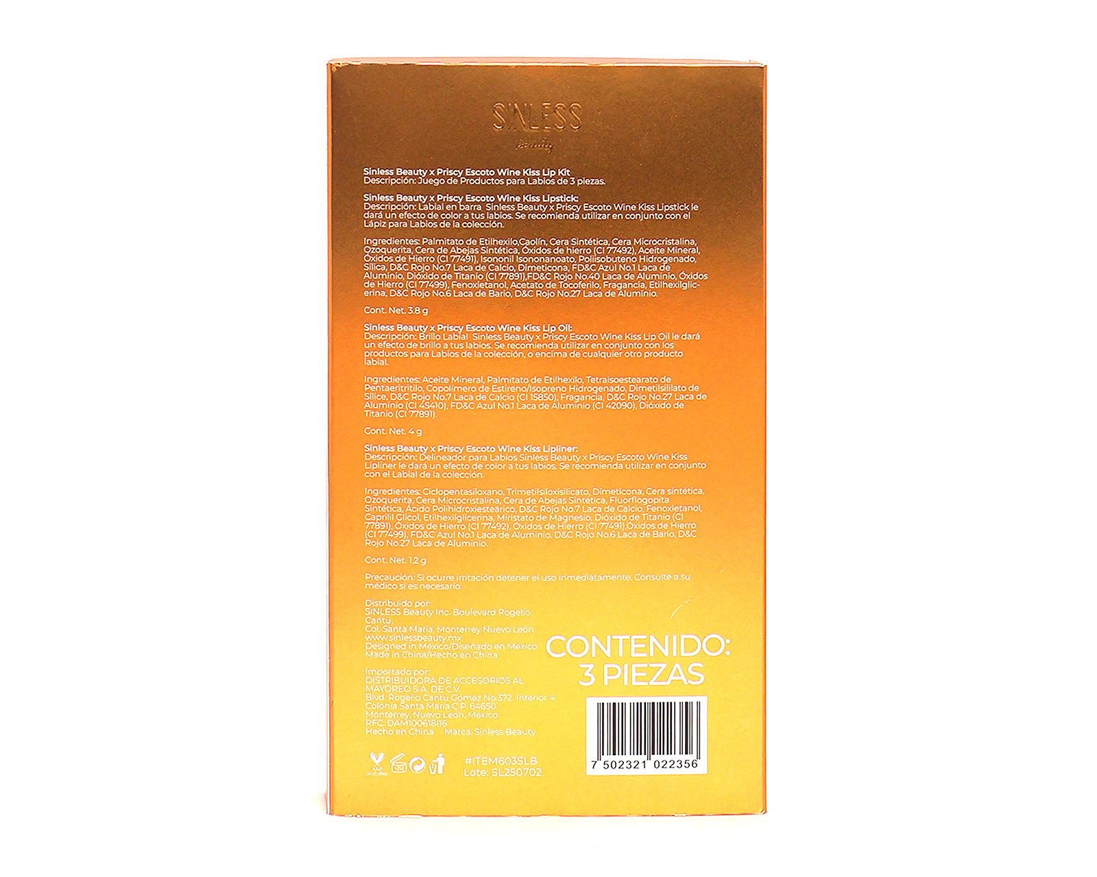 Foto 5 pulgar | Foto 4 | Kit de Maquillaje para Labios Sinless Beauty Priscy Escoto Wine Kiss Lip 3 Piezas